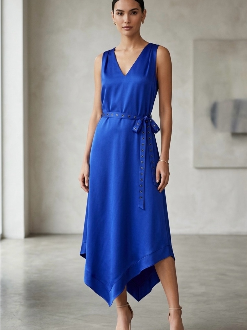 Ramy Brook Larkin Satin Belted Handkerchief Dress in Royal blue size S